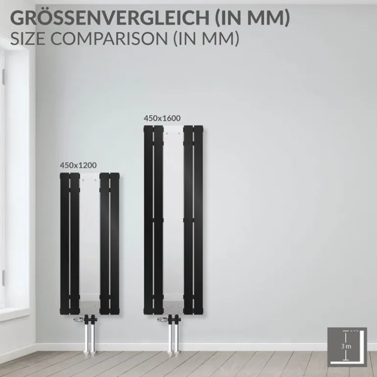 Badheizkörper Mittelanschluss mit Spiegel 450x1200 mm Schwarz inkl. Bodenanschlussgarnitur mit Thermostat LuxeBath