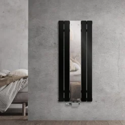 Badheizkörper Mittelanschluss mit Spiegel 450x1200 mm Schwarz inkl. Universale Anschlussgarnitur mit Thermostat LuxeBath