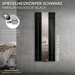 Badheizkörper Mittelanschluss mit Spiegel 450x1200 mm Schwarz inkl. Universale Anschlussgarnitur mit Thermostat LuxeBath