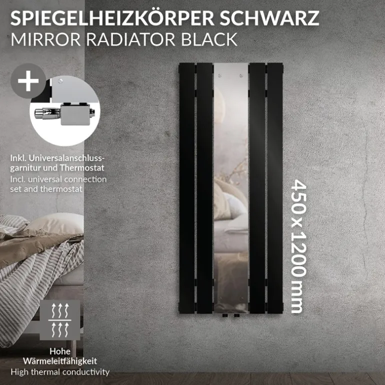 Badheizkörper Mittelanschluss mit Spiegel 450x1200 mm Schwarz inkl. Universale Anschlussgarnitur mit Thermostat LuxeBath