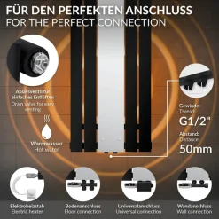 Badheizkörper Mittelanschluss mit Spiegel 450x1200 mm Schwarz inkl. Universale Anschlussgarnitur mit Thermostat LuxeBath