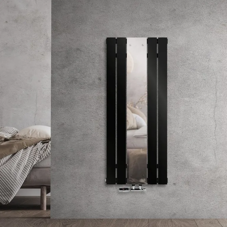 Badheizkörper Mittelanschluss mit Spiegel 450x1200 mm Schwarz inkl. Wandanschlussgarnitur mit Thermostat LuxeBath