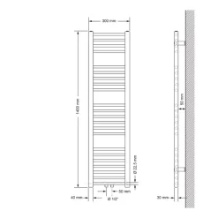 Badheizkörper Mittelanschluss 300x1400 mm Chrome gerade mit Wand Anschlussgarnitur LuxeBath