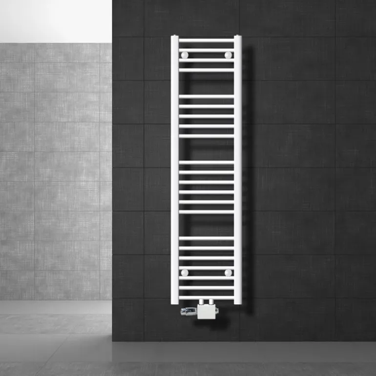 Badheizkörper Mittelanschluss 300x1400 mm Weiß gerade mit Universale Anschlussgarnitur LuxeBath