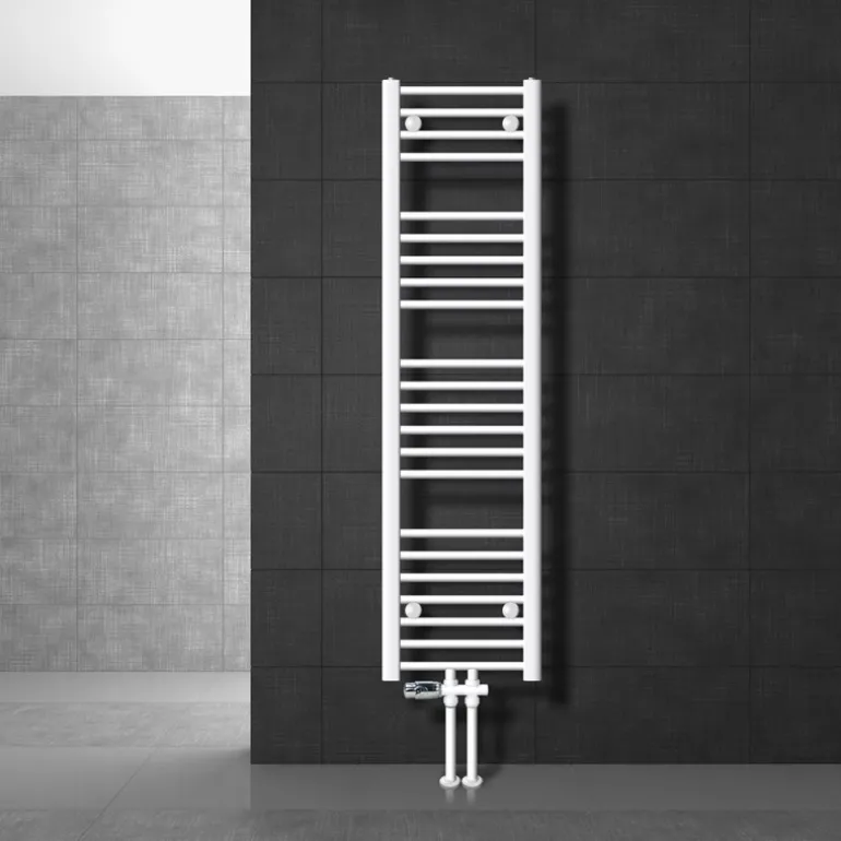 Badheizkörper Mittelanschluss 300x1400mm Weiß gerade mit Boden Anschlussgarnitur LuxeBath
