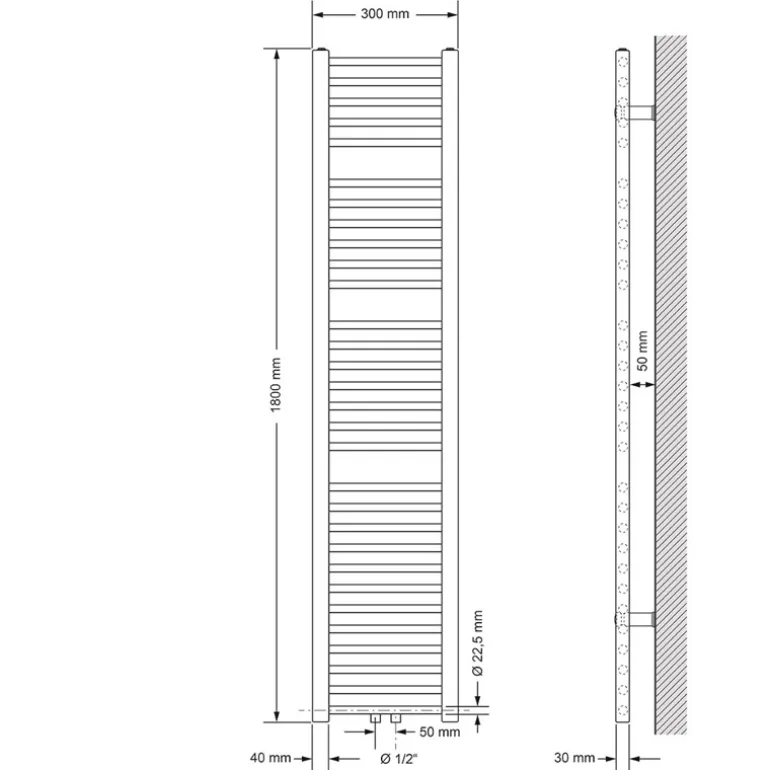 Badheizkörper Mittelanschluss 300x1800 mm Weiß gerade mit Boden Anschlussgarnitur LuxeBath