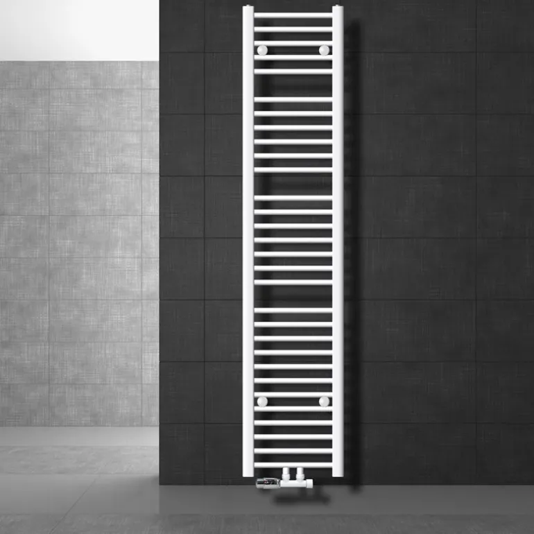 Badheizkörper Mittelanschluss 300x1800 mm Weiß gerade mit Wand Anschlussgarnitur LuxeBath