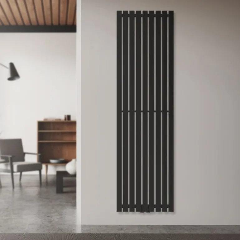 Badheizkörper Mittelanschluss 480x1600 mm Schwarz mit Wand Thermostatventil LuxeBath