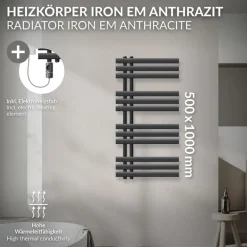 Badheizkörper Mittelanschluss 500x1000 mm Anthrazit mit Heizstab 600W LuxeBath