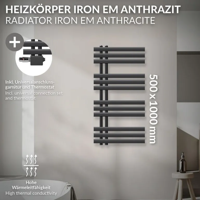 Badheizkörper Mittelanschluss 500x1000 mm Anthrazit mit Universale Anschlussgarnitur LuxeBath