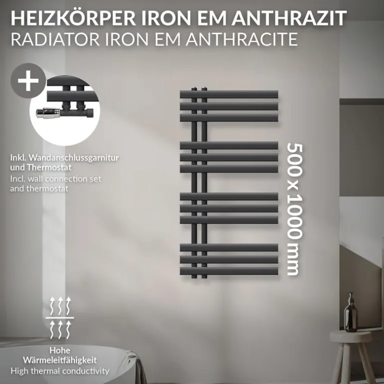 Badheizkörper Mittelanschluss 500x1000 mm Anthrazit mit Wand Anschlussgarnitur LuxeBath