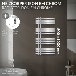 Badheizkörper Mittelanschluss 500x1000 mm Chrom mit Heizstab 600W LuxeBath