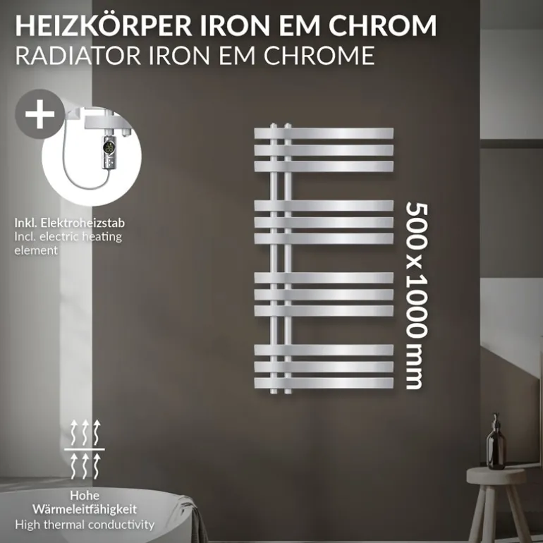 Badheizkörper Mittelanschluss 500x1000 mm Chrom mit Heizstab 600W LuxeBath