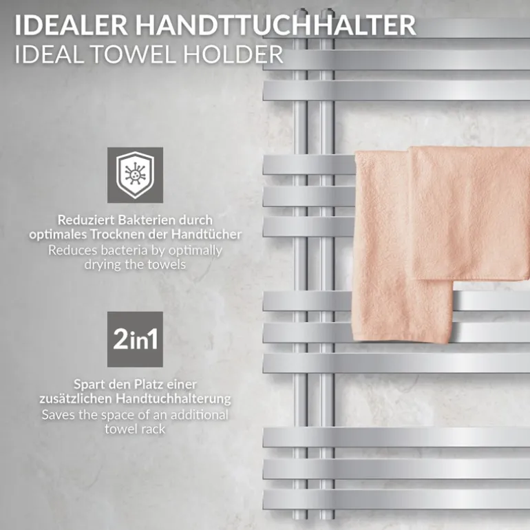 Badheizkörper Mittelanschluss 500x1000 mm Chrom mit Heizstab 600W LuxeBath