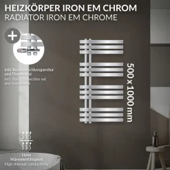 Badheizkörper Mittelanschluss 500x1000 mm Chrome mit Boden Anschlussgarnitur LuxeBath