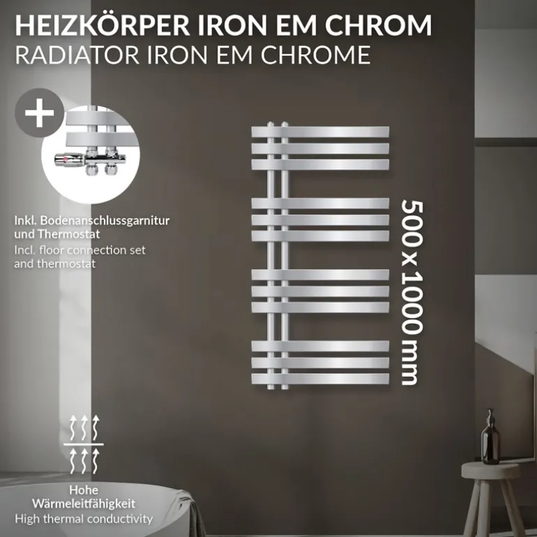 Badheizkörper Mittelanschluss 500x1000 mm Chrome mit Boden Anschlussgarnitur LuxeBath
