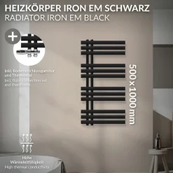 Badheizkörper Mittelanschluss 500x1000 mm Schwarz matt mit Boden Thermostatventil LuxeBath