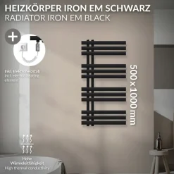 Badheizkörper Mittelanschluss 500x1000 mm Schwarz matt mit Heizstab 300W LuxeBath