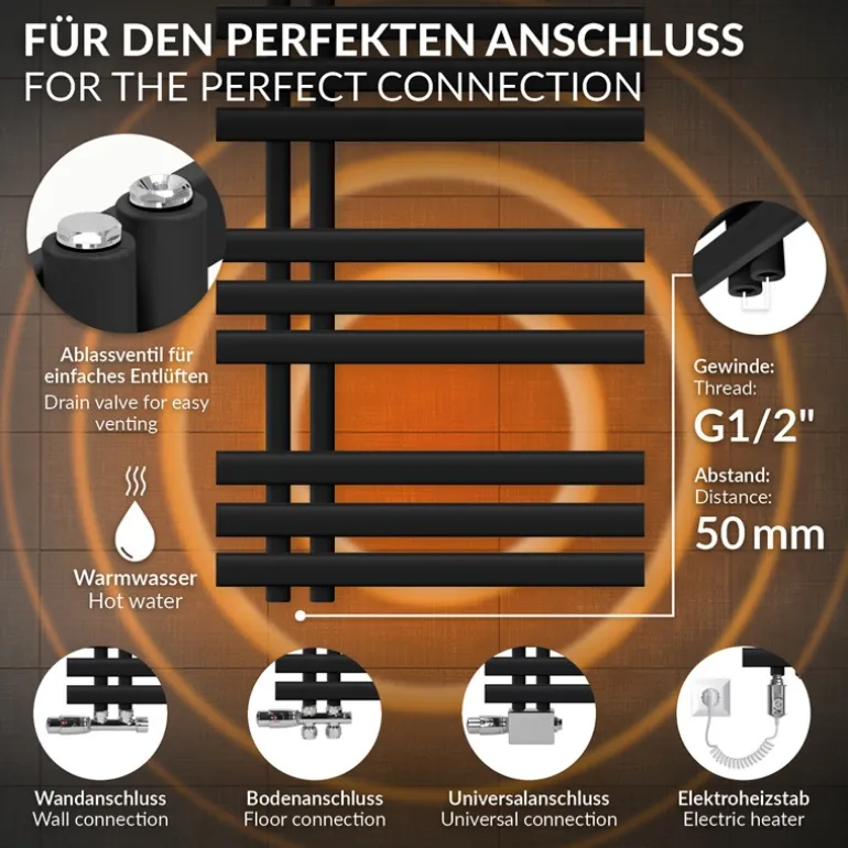 Badheizkörper Mittelanschluss 500x1000 mm Schwarz matt mit Heizstab 300W LuxeBath