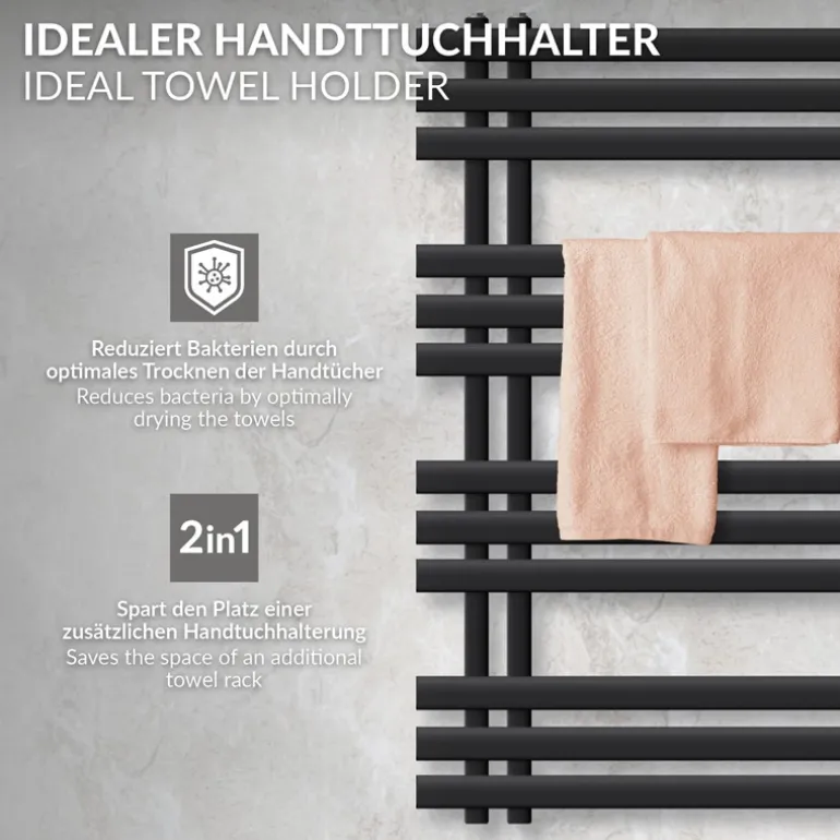 Badheizkörper Mittelanschluss 500x1000 mm Schwarz matt mit Heizstab 300W LuxeBath