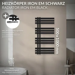 Badheizkörper Mittelanschluss 500x1000 mm Schwarz matt mit Wand Thermostatventil LuxeBath