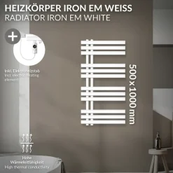 Badheizkörper Mittelanschluss 500x1000 mm Weiß mit Heizstab 300W LuxeBath