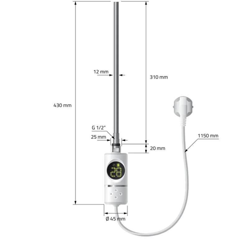 Badheizkörper Mittelanschluss 500x1000 mm Weiß mit Heizstab 300W LuxeBath