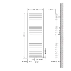 Badheizkörper Mittelanschluss 400x1200 mm Weiß gebogen mit Universale Anschlussgarnitur LuxeBath