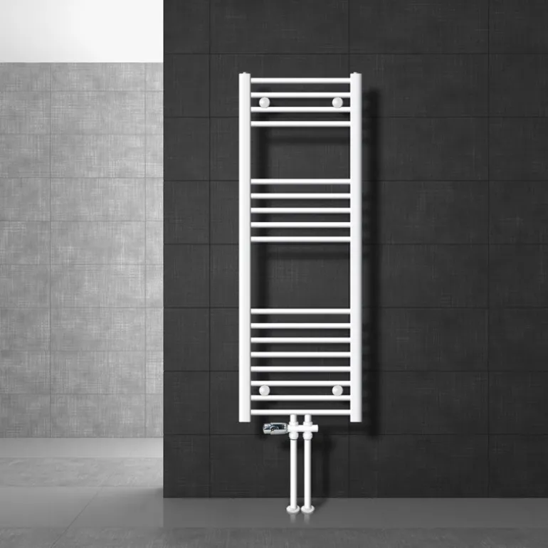 Badheizkörper Mittelanschluss 400x1200 mm Weiß gerade mit Boden Anschlussgarnitur LuxeBath
