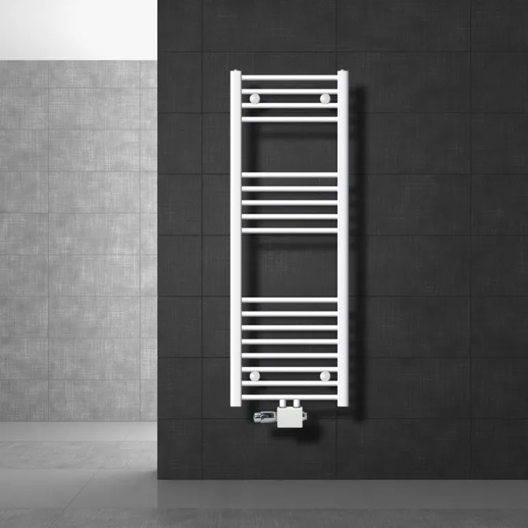 Badheizkörper Mittelanschluss 400x1200 mm Weiß gerade mit Universale Anschlussgarnitur LuxeBath