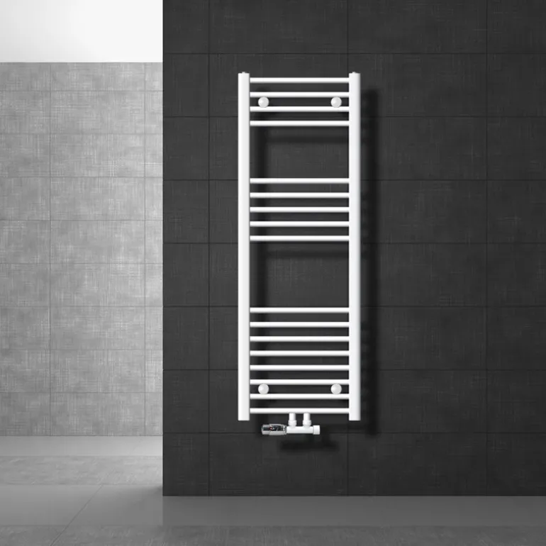 Badheizkörper Mittelanschluss 400x1200 mm Weiß gerade mit Wand Anschlussgarnitur LuxeBath
