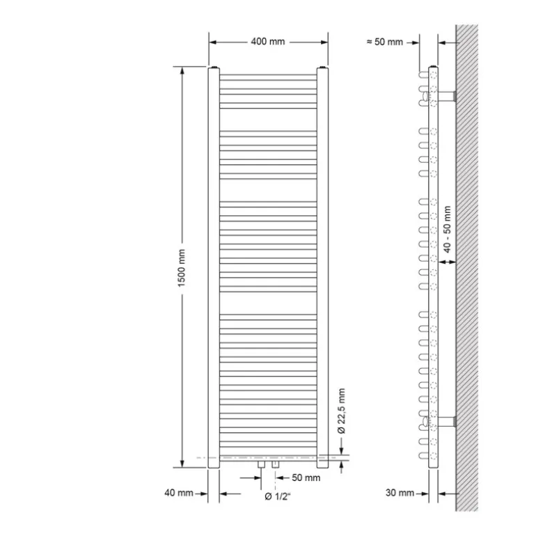 Badheizkörper Mittelanschluss 400x1500 mm Weiß gebogen mit Boden Anschlussgarnitur LuxeBath