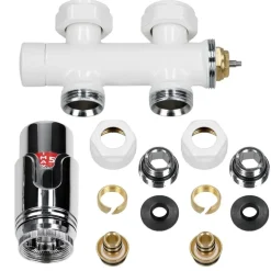 Badheizkörper Mittelanschluss 400x1500 mm Weiß gebogen mit Boden Anschlussgarnitur LuxeBath