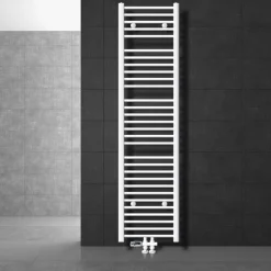 Badheizkörper Mittelanschluss 400x1800 mm Weiß gebogen mit Boden Anschlussgarnitur LuxeBath