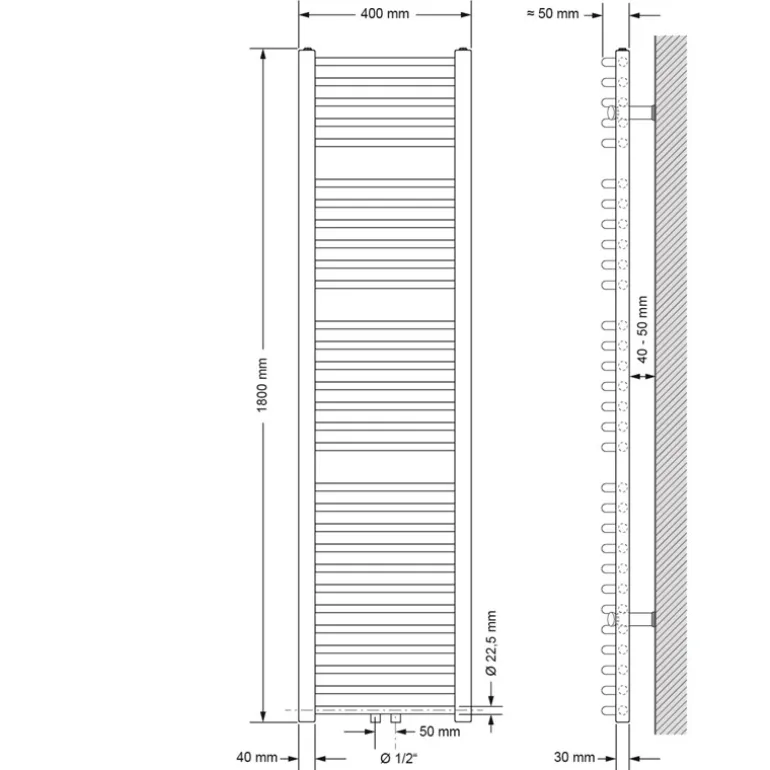 Badheizkörper Mittelanschluss 400x1800 mm Weiß gebogen mit Boden Anschlussgarnitur LuxeBath