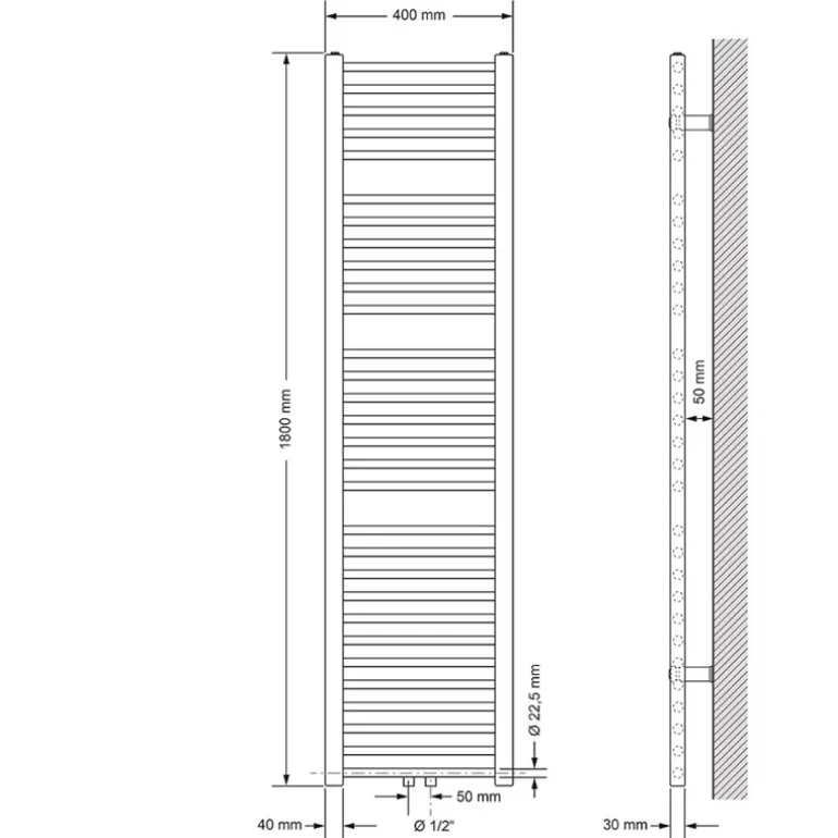Badheizkörper Mittelanschluss 400x1800 mm Weiß gerade inkl. Montagematerial LuxeBath