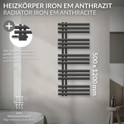 Badheizkörper Mittelanschluss 500x1200 mm Anthrazit mit Universale Anschlussgarnitur LuxeBath