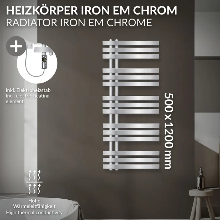 Badheizkörper Mittelanschluss 500x1200 mm Chrom mit Heizstab 1200W LuxeBath