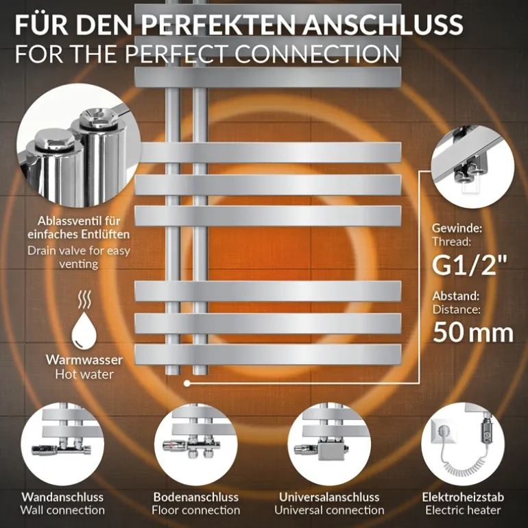 Badheizkörper Mittelanschluss 500x1200 mm Chrom mit Heizstab 1200W LuxeBath