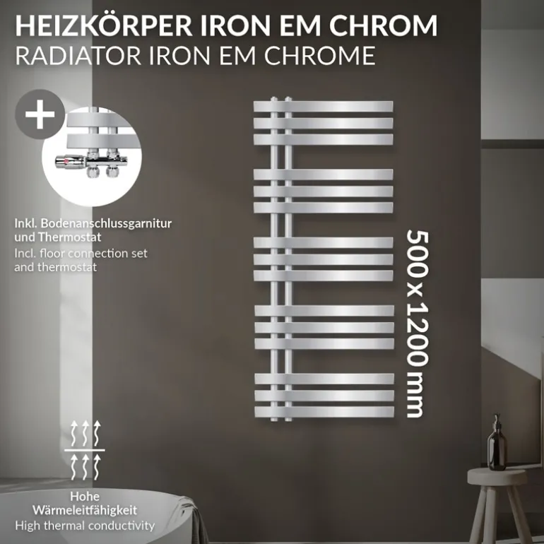 Badheizkörper Mittelanschluss 500x1200 mm Chrome mit Boden Anschlussgarnitur LuxeBath