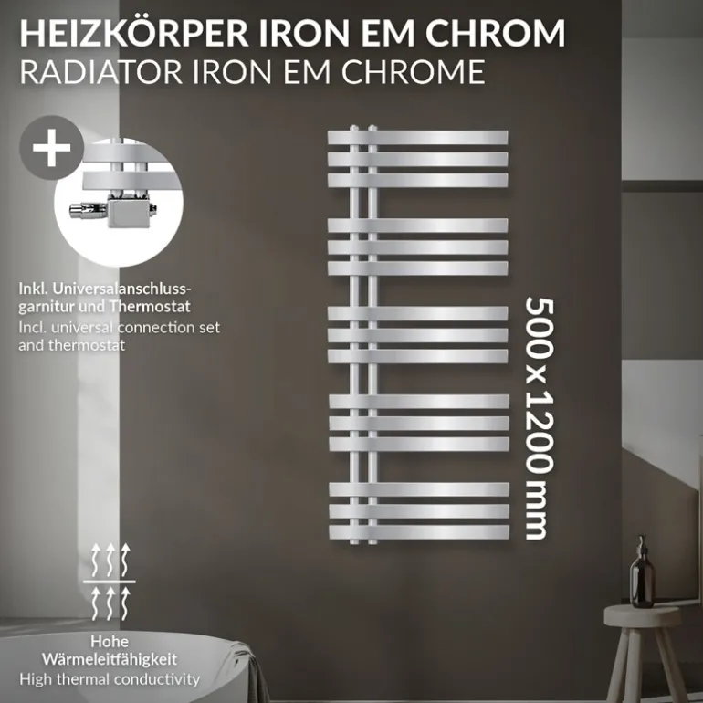 Badheizkörper Mittelanschluss 500x1200 mm Chrome mit Universal Anschlussgarnitur LuxeBath