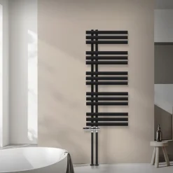 Badheizkörper Mittelanschluss 500x1200 mm Schwarz matt mit Boden Thermostatventil LuxeBath