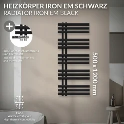 Badheizkörper Mittelanschluss 500x1200 mm Schwarz matt mit Boden Thermostatventil LuxeBath