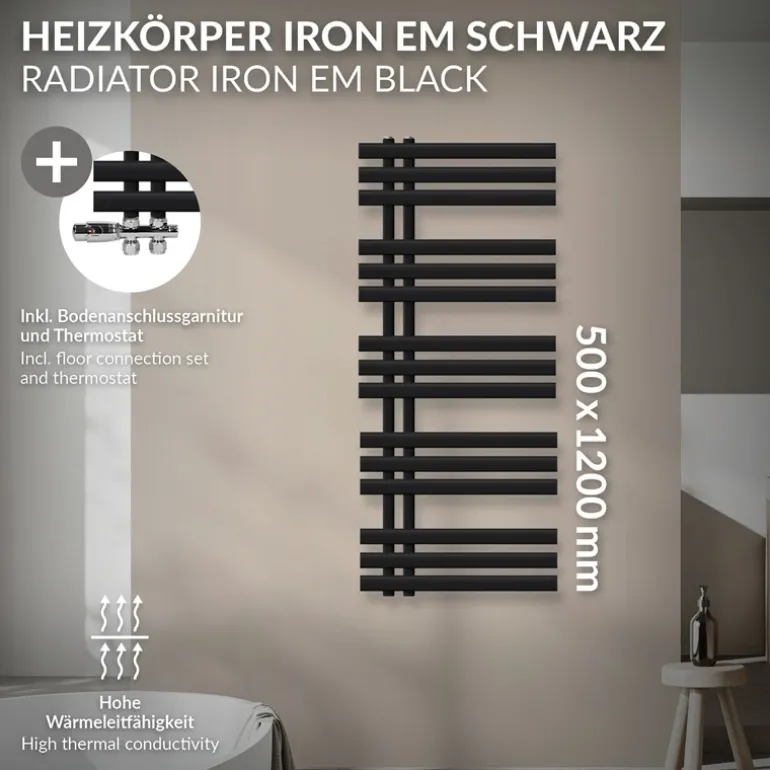 Badheizkörper Mittelanschluss 500x1200 mm Schwarz matt mit Boden Thermostatventil LuxeBath