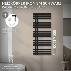 Badheizkörper Mittelanschluss 500x1200 mm Schwarz matt mit Heizstab 1200W LuxeBath