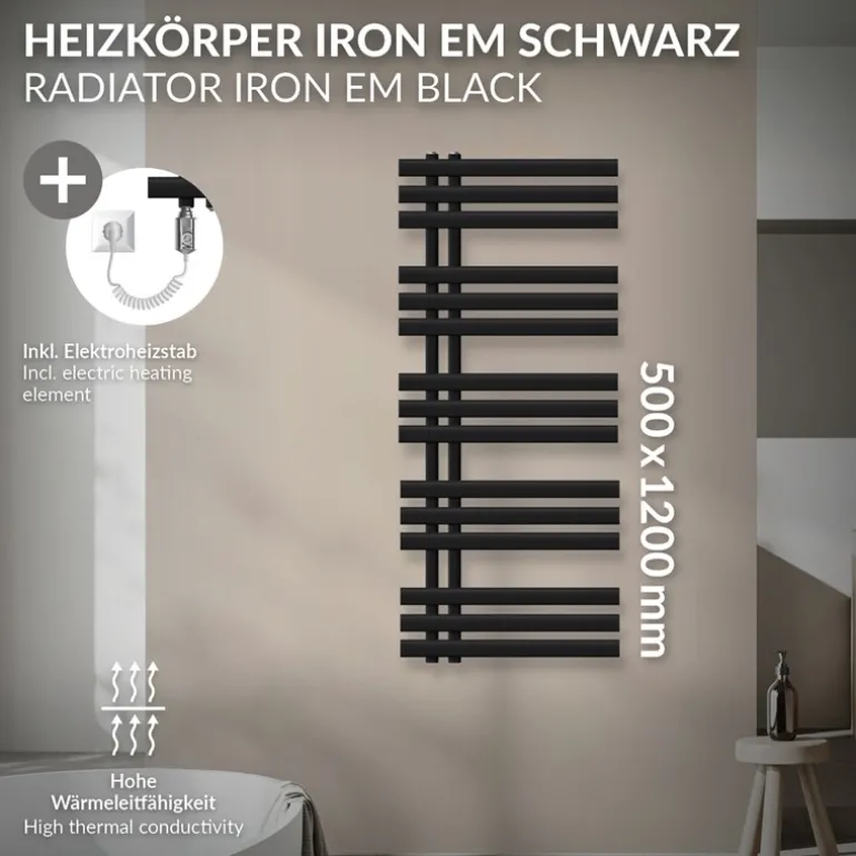 Badheizkörper Mittelanschluss 500x1200 mm Schwarz matt mit Heizstab 1200W LuxeBath