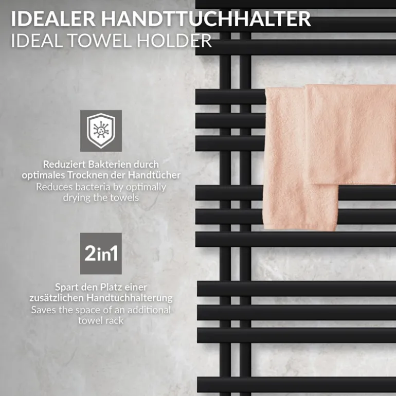 Badheizkörper Mittelanschluss 500x1200 mm Schwarz matt mit Heizstab 1200W LuxeBath