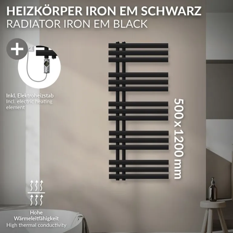 Badheizkörper Mittelanschluss 500x1200 mm Schwarz matt mit Heizstab 1200W LuxeBath