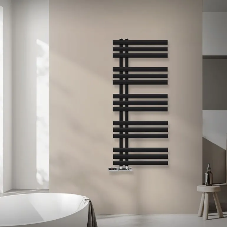 Badheizkörper Mittelanschluss 500x1200 mm Schwarz matt mit Wand Thermostatventil LuxeBath