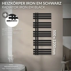 Badheizkörper Mittelanschluss 500x1200 mm Schwarz matt mit Wand Thermostatventil LuxeBath